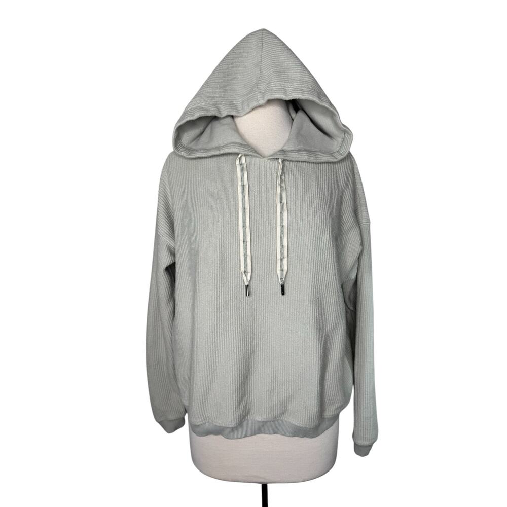 AERIE AE Ribbed Crop Hoodie in Light Blue Size Medium Womens Relaxed Drawstring